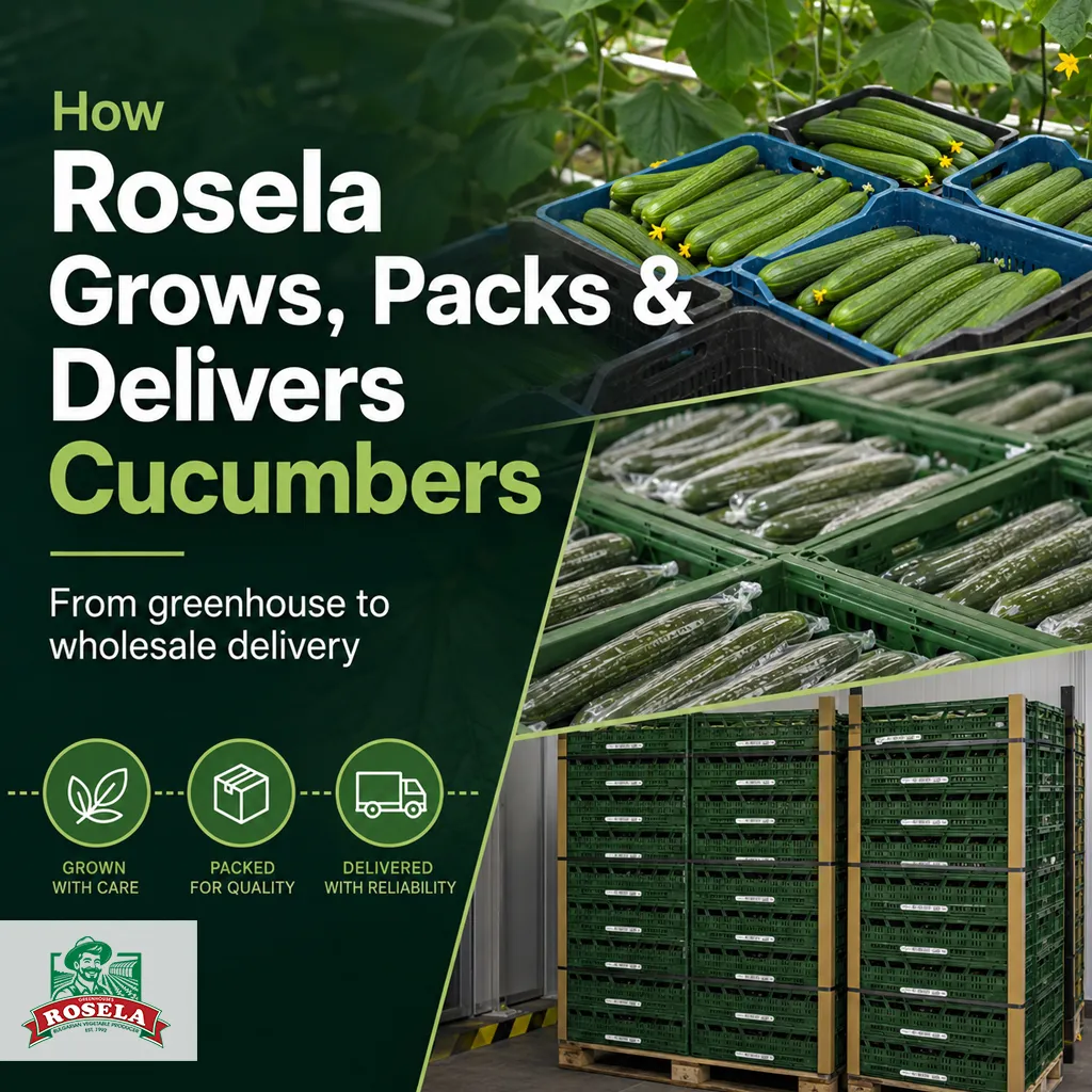 Greenhouse cucumber producer Rosela grows, packs and delivers wholesale cucumbers in Europe through controlled greenhouse cultivation, Grodan stone wool cubes, hydroponic systems, euro pallet logistics and customer-specific packing options.