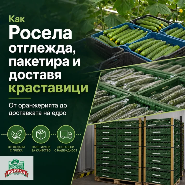 Оранжерии Росела като производител на краставици показва пресни краставици в касетки, пакетиране и подготовка на евро палети за доставка на едро.