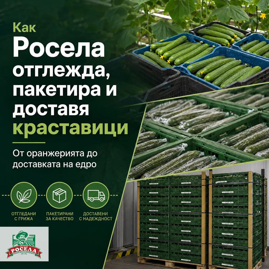 Оранжерии Росела като производител на краставици показва пресни краставици в касетки, пакетиране и подготовка на евро палети за доставка на едро.